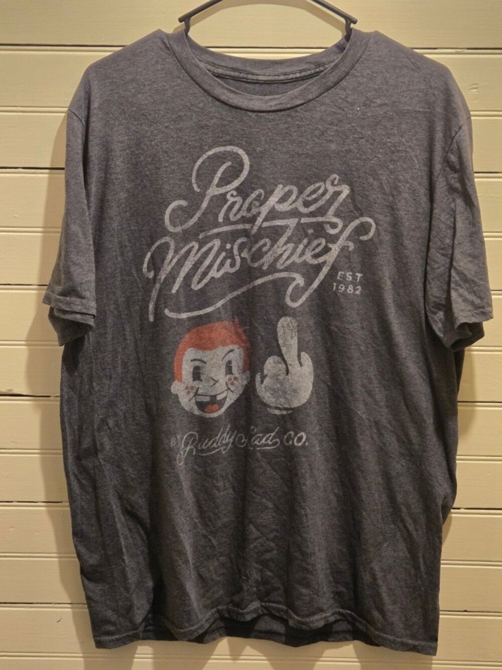 Buddy Lad CoShirt Mens L Gray Proper Mischief Graphic Short Sleeve Vintage Tee
